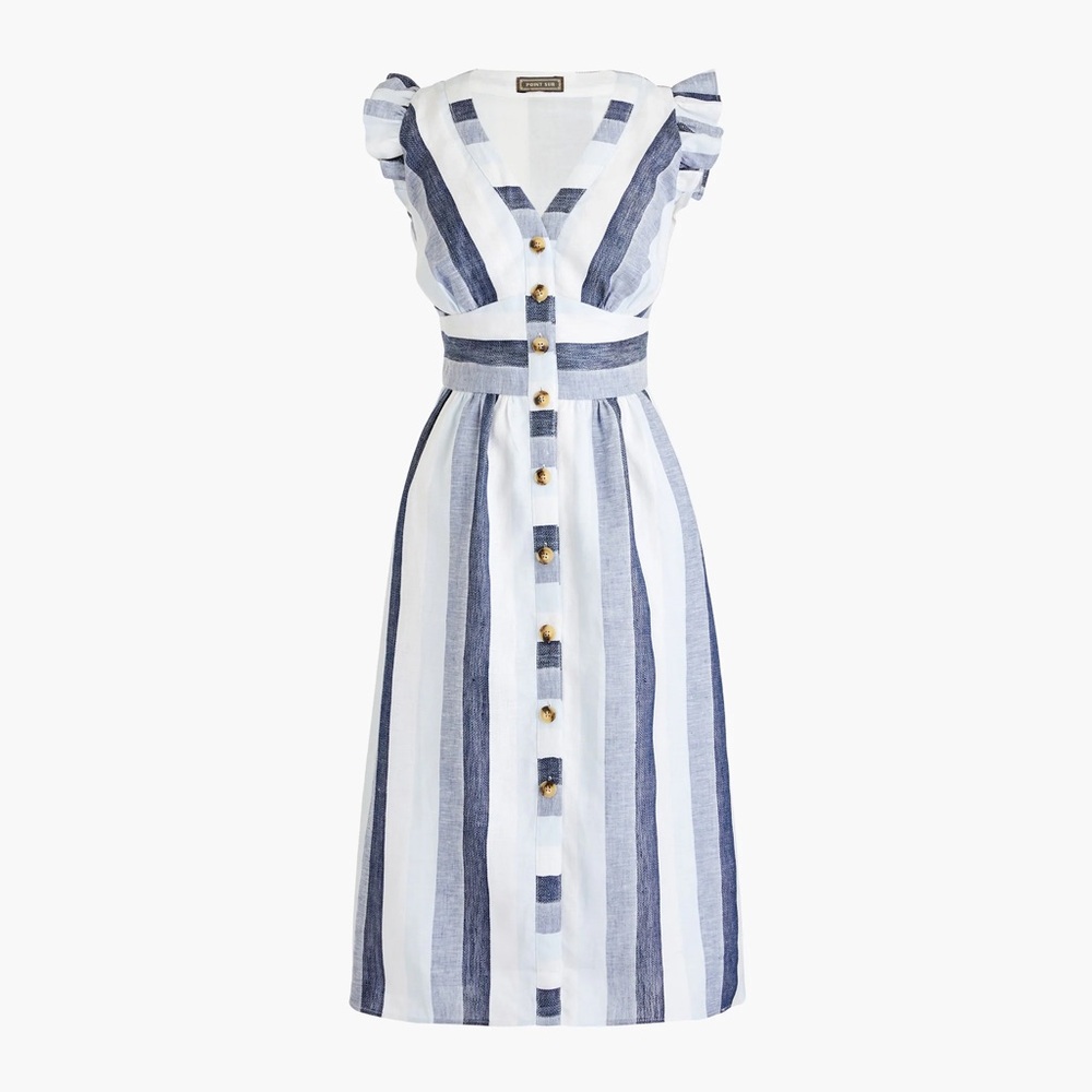 J Crew Point Sur button-front linen midi dress in faded indigo stripe